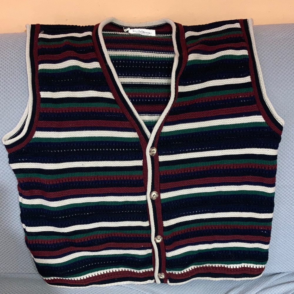 Le Chateau Burgundy and Green Striped Knit short sleeve vest